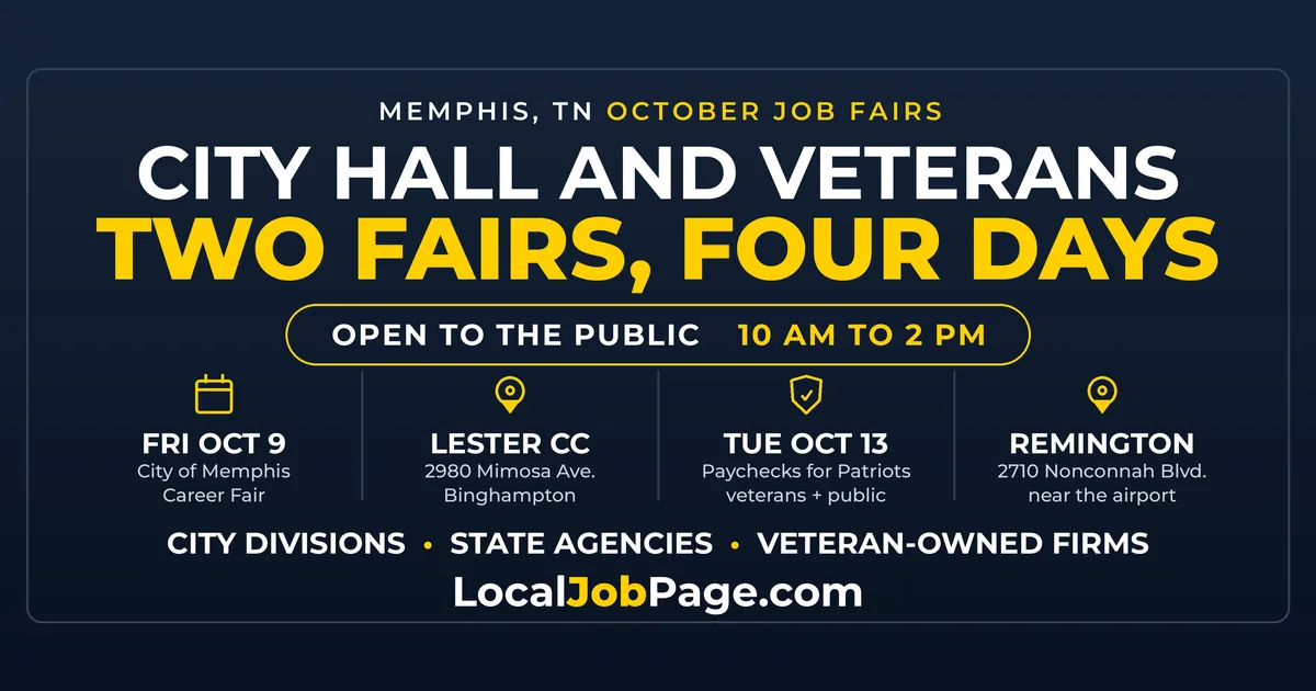 Two Memphis Job Fairs in Four Days: City Jobs October 9, Veterans Fair October 13